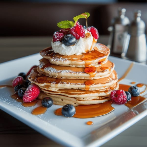Stack of pancakes with whipped cream, berries, powdered sugar, and syrup at Perry Street Grill.