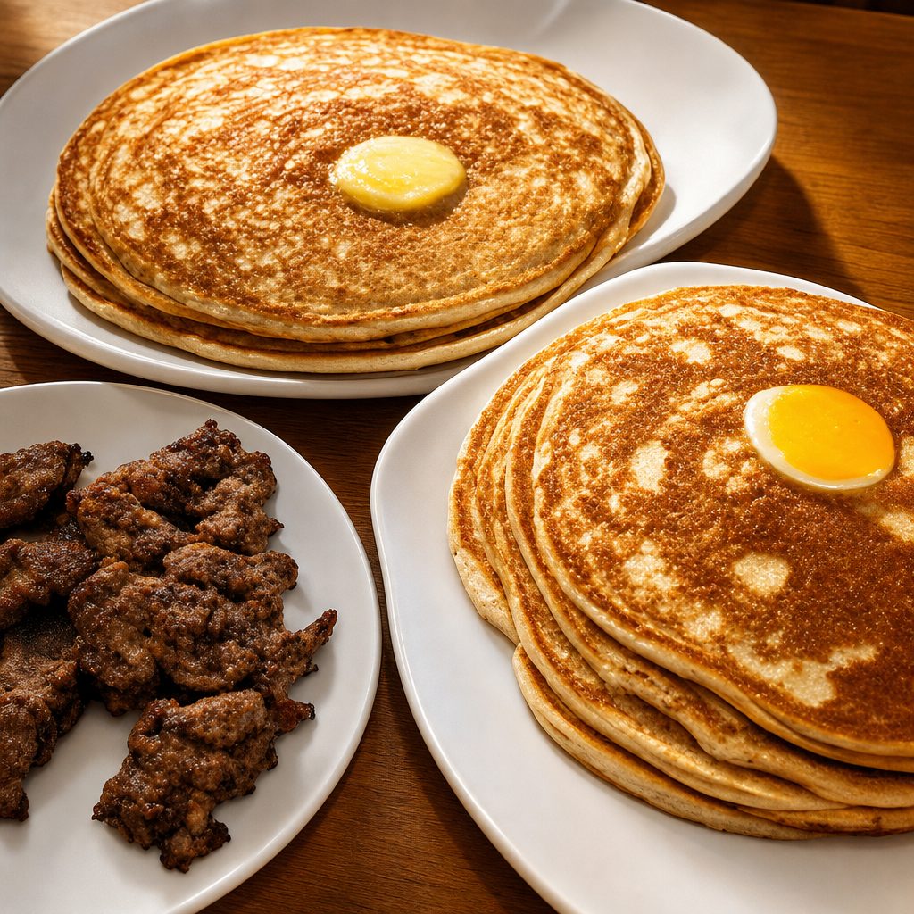 Three Large Pancakes with Meat & Eggs.