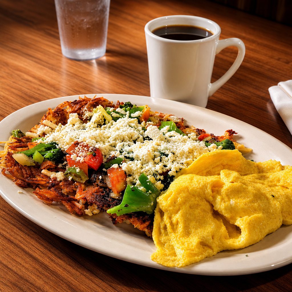 Corned Beef Hash with Eggs, Green Pepper & Onion, Toast & Jelly.