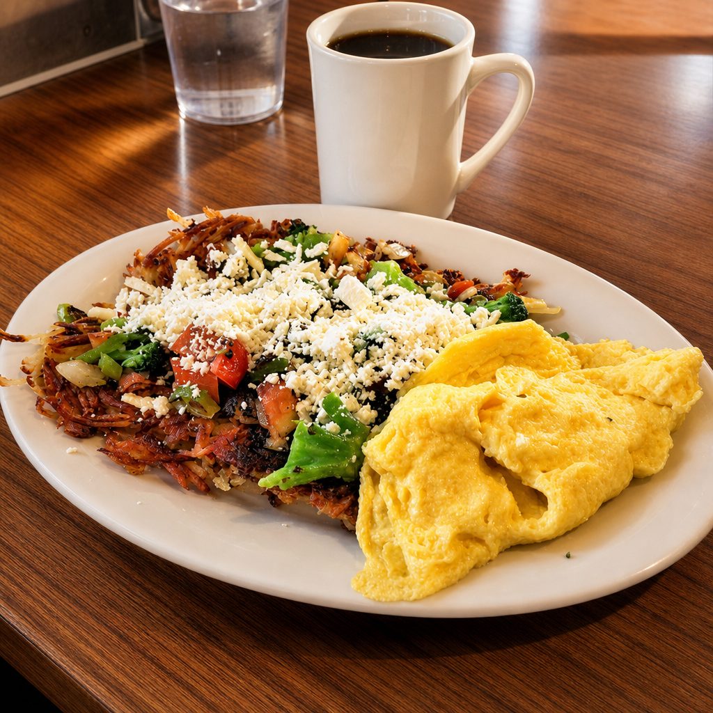 Corned Beef Hash with Eggs, Green Pepper & Onion, Toast & Jelly.
