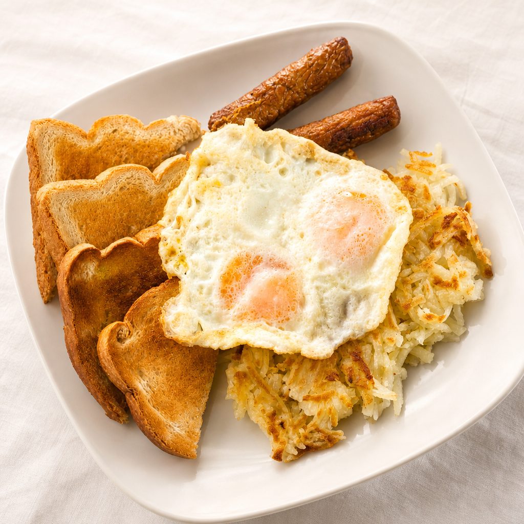 2 XL Eggs, Meat, Hash Browns, Toast & Jelly.