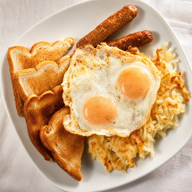 2 XL Eggs, Meat, Hash Browns, Toast & Jelly.