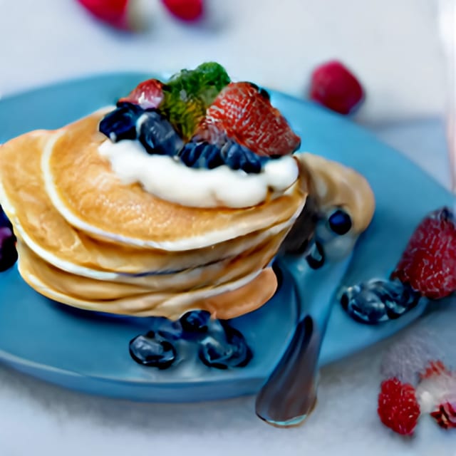 Pancakes Berries and Cream Cheese.