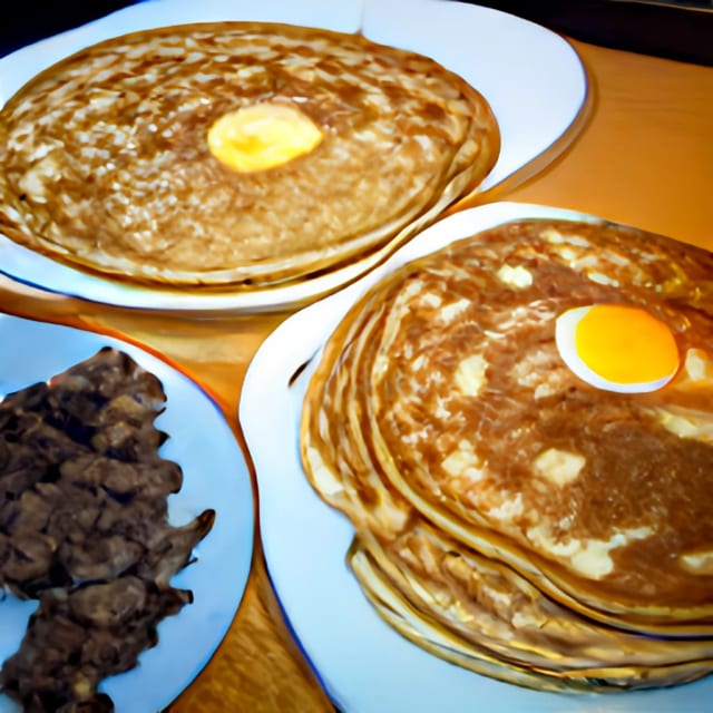 Three Large Pancakes with Meat & Eggs.