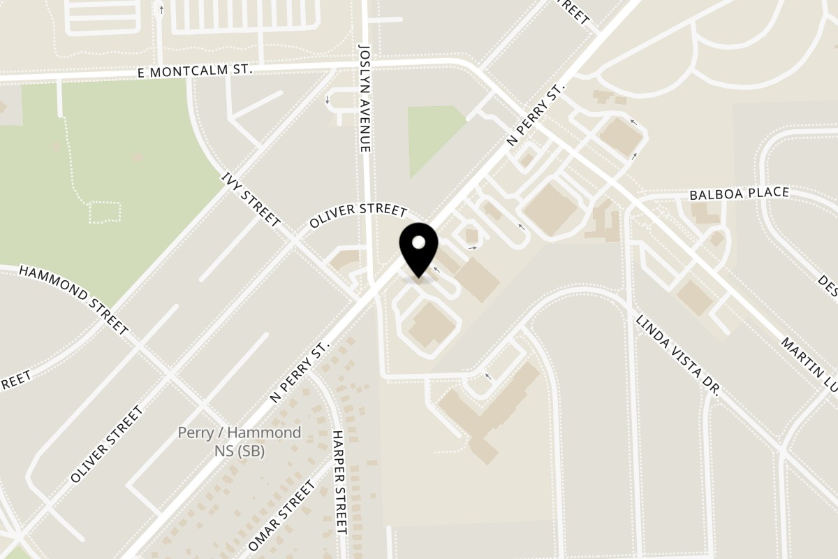 Map showing the location of Perry Street Grill on 756 Perry St in Pontiac